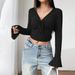Voya Women's V-neck Flared Sleeve T-shirt Summer New Elegant Style Solid Color Pullover Long Sleeved Short Top For Women_ecoleips.com