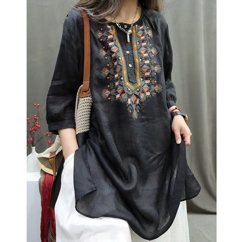 Medium-To-Long Length, Loose-Fitting Cotton-Linen Short-Sleeved Casual, Artistic Top; A Summer-Style Retro T-Shirt With_ecoleips.com