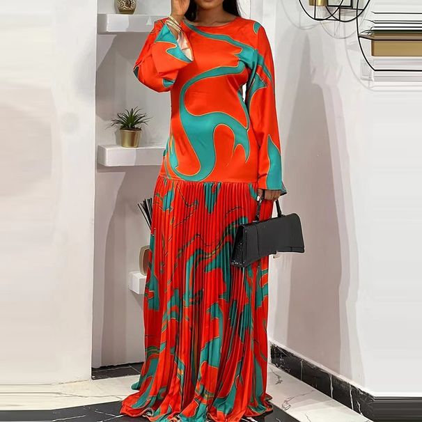 Sexy Hollow Out Backless Bohemian Dress Casual Long Sleeved Women's O-neck Dresses Vintage Pattern Printed Pleated Holiday Dress_ecoleips.com
