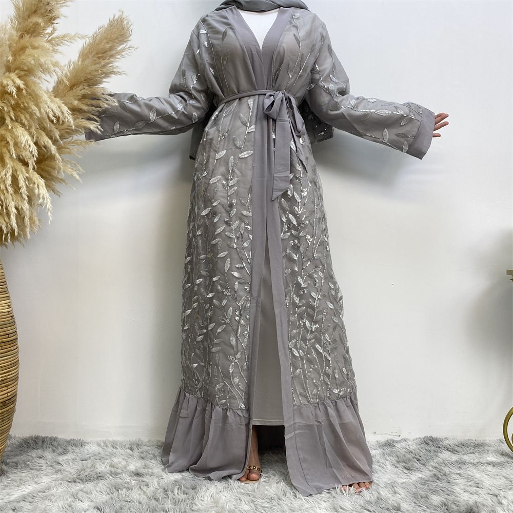 Modest Abaya Dress/Muslim Dress Women Fashionable Women's Lace Cardigan Leaf Embroidery Sequins Muslim Fashion_ecoleips.com