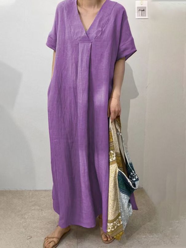 2025 New Women's Clothing Casual Short Sleeved V Neck Discount Solid Color Multi Color Women's Dress_ecoleips.com