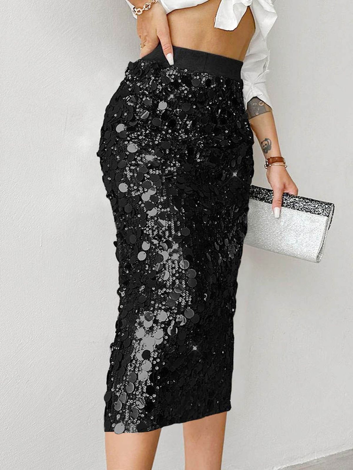 K Women's Fashion Solid Color Elegant High Waist Tight Medium Length Glitter Wrapped Hip Skirt_ecoleips.com