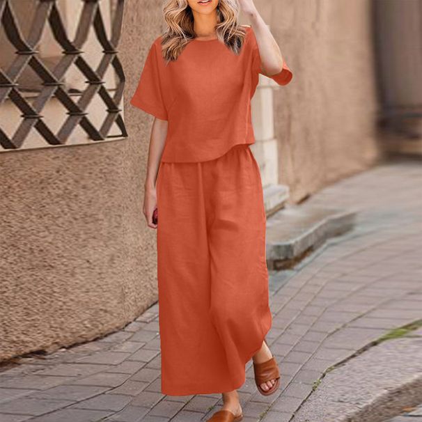 Women's Summer Casual Fashion Loose Solid Color Wide Leg Pants Set Short Sleeve Two Piece Set Covers Tummy_ecoleips.com