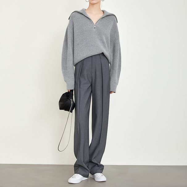 Women's Clothing autumn and winter tall gray suit pants old money style pants slim wide leg pants niche casual straight pants for women_ecoleips.com