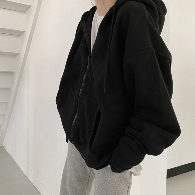 Women's Fleece-Lined Zip-Up Hoodie – Oversized Korean Style Jacket, Thickened Warm Coat, Soft Polyester Blend For Fall & Winter (S-XXXL)_ecoleips.com