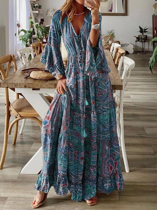 Women's Bohemian Style Printed Dress V-Neck High Waist Bell Sleeves Long Floral Print for Resort European American Fashion_ecoleips.com