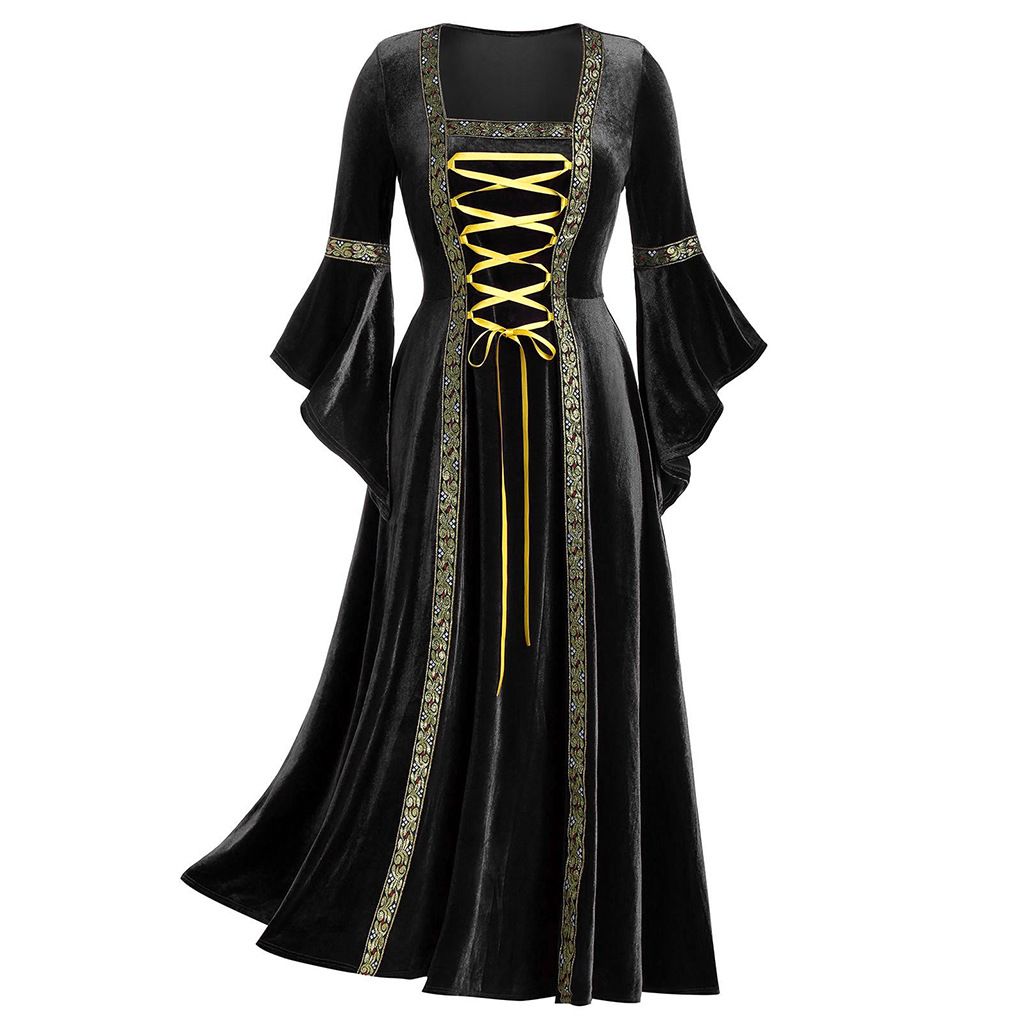 K Ladies' Gothic Punk Style Long Sleeved Tied Gold Velvet Dress Robe_ecoleips.com