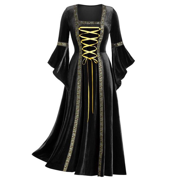 K Ladies' Gothic Punk Style Long Sleeved Tied Gold Velvet Dress Robe_ecoleips.com