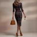 Classic Grid Pattern Seven-Part Sleeve Ship-Style Collar Tight Dress_ecoleips.com