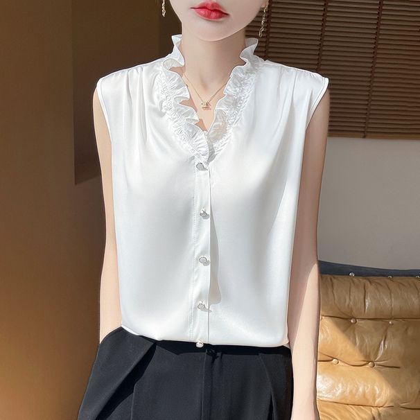 Fashion Lace V-Neck Silky Satin Sleeveless Vest For Women Spring Summer Stylish Blazer Inner Shirt Base Top_ecoleips.com