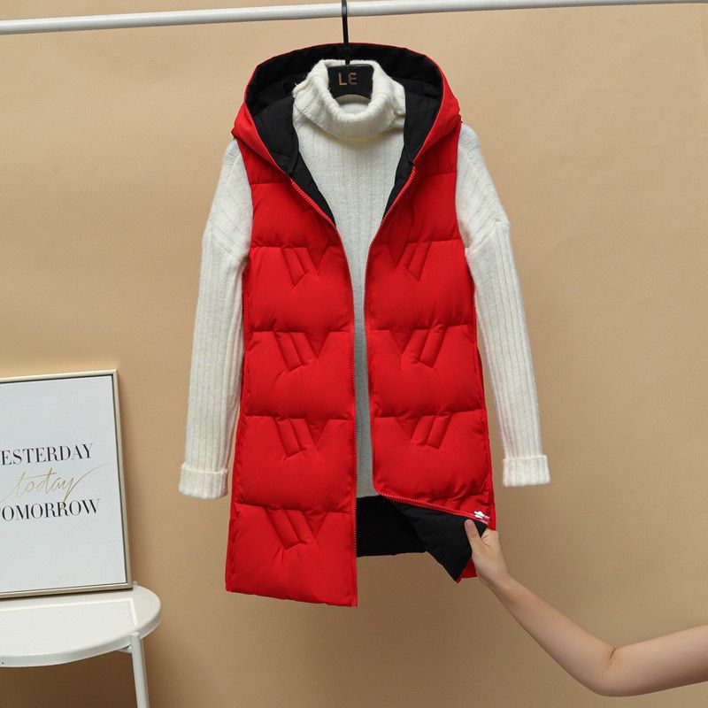 Women's Clothing Vest Solid Color Loose Long Hooded Vest Waistcoat Down Cotton Vest Jacket_ecoleips.com