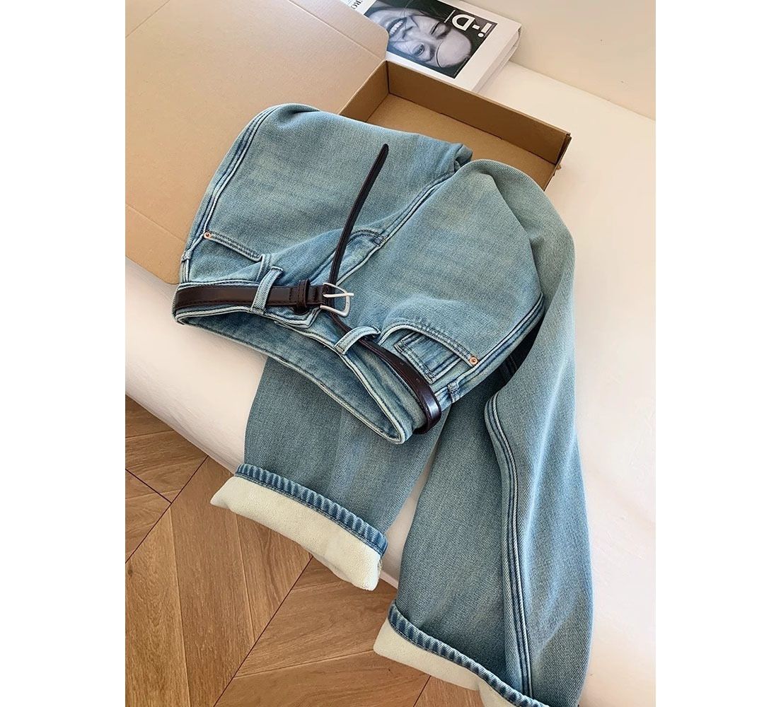 Women’S Light Blue Flared Jeans – High-Waisted Straight-Leg Fleece-Lined Winter Pants (S-2xl, Stretch-Free Cotton Denim)_ecoleips.com