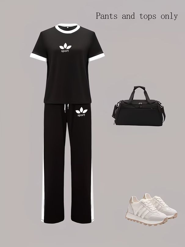 Women's Fashionable Casual Print Top And Wide Leg Pants Set round Neck Short Sleeved Loose Spring Summer 8002_ecoleips.com