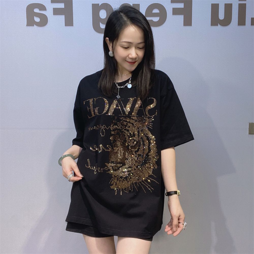 Unisex Plus Size Round Neck Short Sleeve T-Shirt Summer Casual Loose Top With Rhinestone Embellishments Trendy Heavy Duty_ecoleips.com