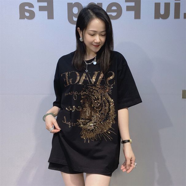 Unisex Plus Size Round Neck Short Sleeve T-Shirt Summer Casual Loose Top With Rhinestone Embellishments Trendy Heavy Duty_ecoleips.com