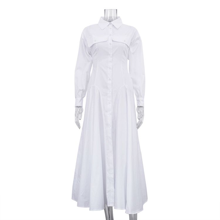 Stylish Single Breasted Pleated Design Shirt Dress Long Sleeve Lapel Collar High Waist Elegant White Maxi Women's Autumn Style_ecoleips.com