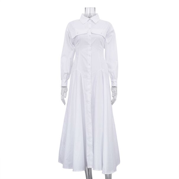 Stylish Single Breasted Pleated Design Shirt Dress Long Sleeve Lapel Collar High Waist Elegant White Maxi Women's Autumn Style_ecoleips.com