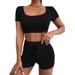 Women's Clothing Summer Women's Solid Color Crop Top Square Neck Sports And Leisure Suit Fashion Outfit Loose Fit Summer Two Piece Set_ecoleips.com
