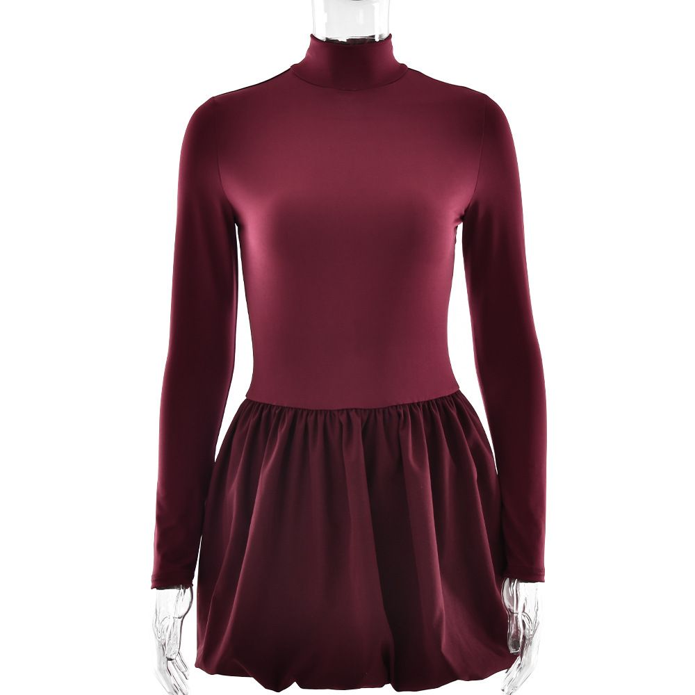 Women Elegant Slim‑Fit A‑Line Dress, High Neck Long Sleeve Design, Waist Cinching & Ruched Detail, Feminine Flared Skirt_ecoleips.com