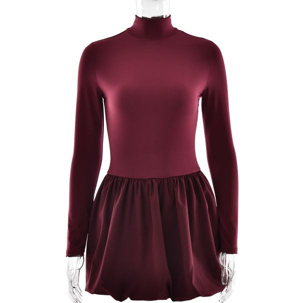 Women Elegant Slim‑Fit A‑Line Dress, High Neck Long Sleeve Design, Waist Cinching & Ruched Detail, Feminine Flared Skirt_ecoleips.com