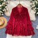 Women's French Style Lace Blouse Red Bow Long Sleeve Loose Fit Elegant Top for Spring Autumn Youthful Gentle Fashion_ecoleips.com