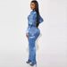 Women’s Clothing New Two Piece Suit Denim Print Round Neck Long Sleeved Top Slim Hip Long Skirt_ecoleips.com