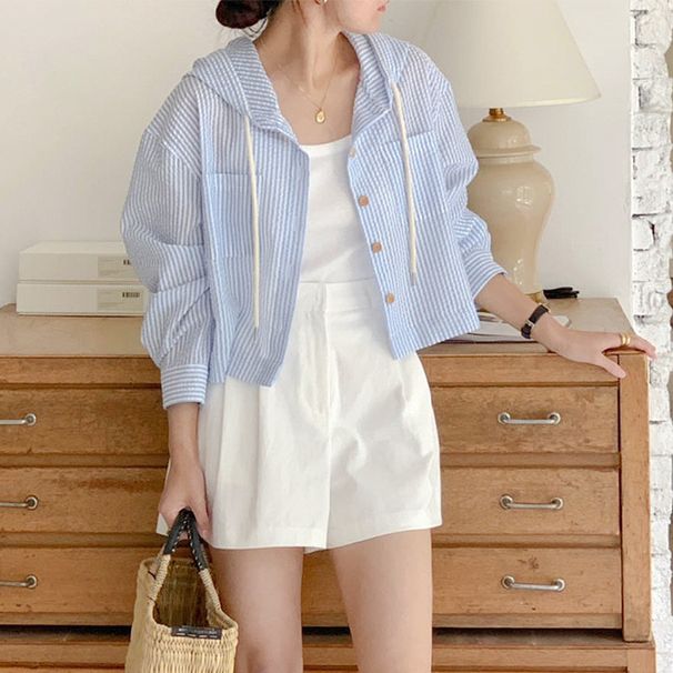 Women's Sun-Protective Hoodie With Single-Button Striped Collar, Colorful Contrast Design, Loose-Fitting Long-Sleeve Sho_ecoleips.com