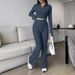 Fashion Solid Color Ribbed Two-Piece Zipper Long Sleeve Short Top And High Waist Flared Pants Set Women's Casual_ecoleips.com