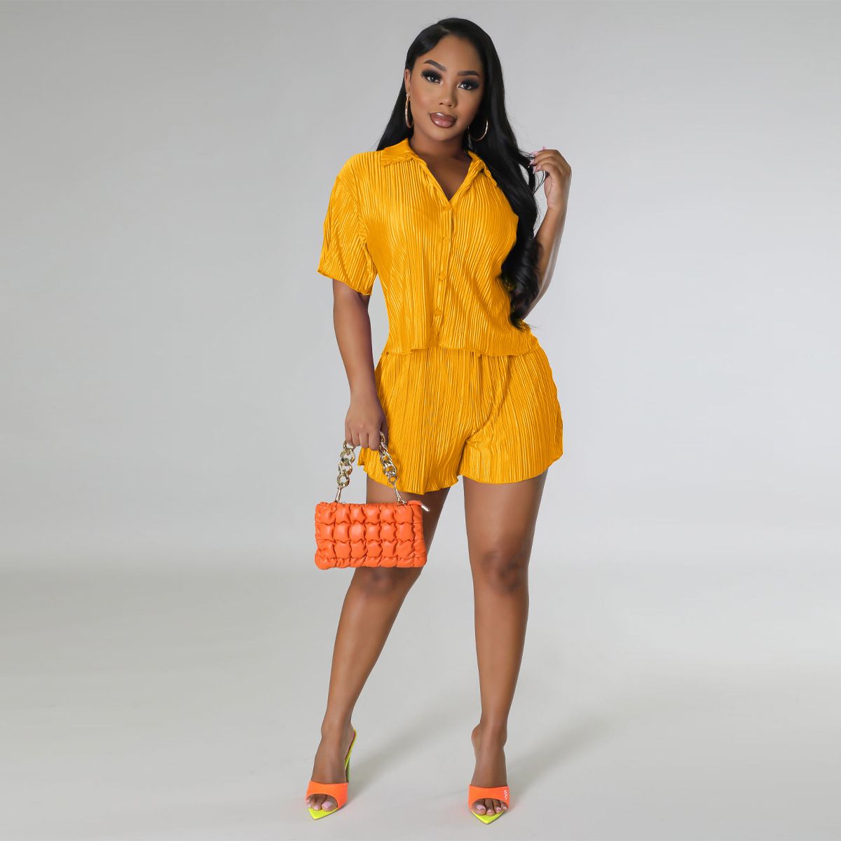 Women's Clothing Summer New Solid Color Wrinkled Casual Two Piece Suit_ecoleips.com