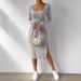 K New European And American Square Neck Long Sleeved Hem Slit Dress For Women_ecoleips.com