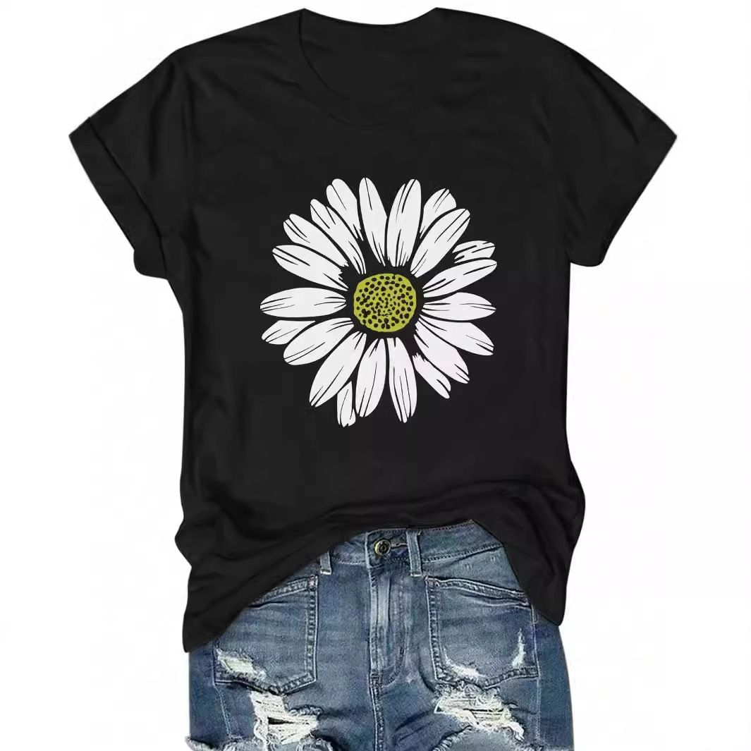 Floral Print Round Neck T-Shirt For Women – Oversized Short Sleeve Top (S-Xl, Black, Polyester, Casual & Boho Style)_ecoleips.com