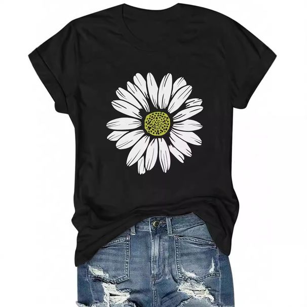 Floral Print Round Neck T-Shirt For Women – Oversized Short Sleeve Top (S-Xl, Black, Polyester, Casual & Boho Style)_ecoleips.com