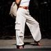 Women's Retro Utility Cargo Pants – Oversized Straight-Leg Drop Hem Workwear Trousers With Multi-Pockets_ecoleips.com