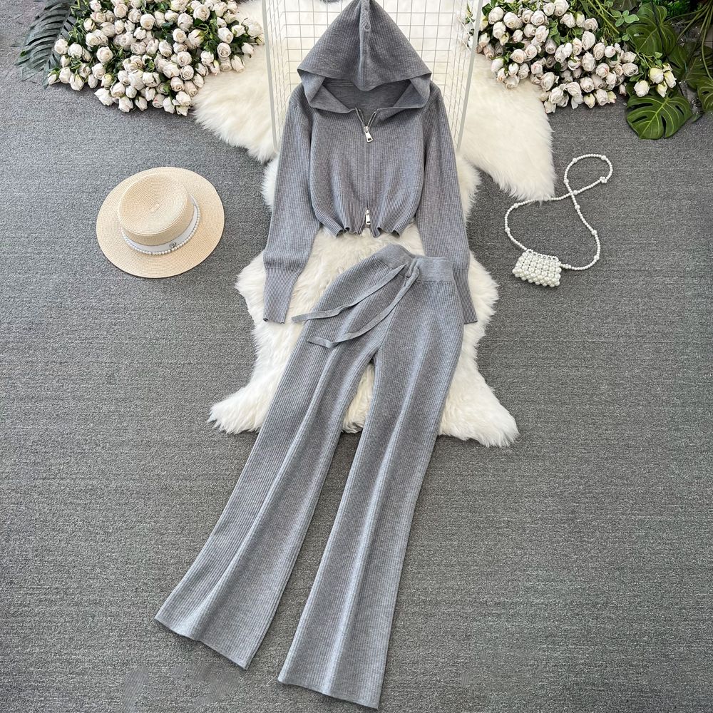 Women's Korean Style Two Piece Set Long Sleeved Zipper Hooded Slim Fit Knit Sweatshirt And Jacket High Waist Wide Leg_ecoleips.com