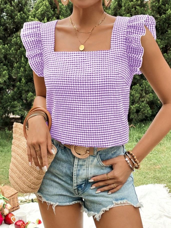 Verve 2025 Women's Spring/Summer New Plaid Square Neck Ruffle Blouse Top_ecoleips.com