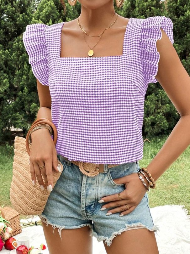 Verve 2025 Women's Spring/Summer New Plaid Square Neck Ruffle Blouse Top_ecoleips.com