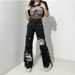 Women's Clothing Design Printed Metal Buckle Denim Drape Trousers_ecoleips.com