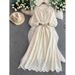Women's French Style Round Neck Dress Elegant Lantern Sleeve Hollowed Out Embroidery Slimming Waist For Autumn_ecoleips.com