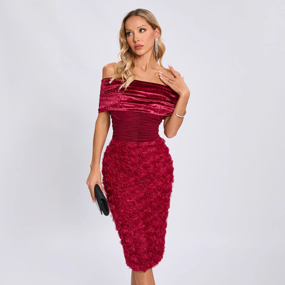 Elegant Off-Shoulder Bodycon Dress With 3D Floral – Slim Fit, Sexy Formal Dress For Women, Clubwear, Evening Gown (Red, XS/S/M/L)_ecoleips.com