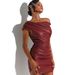 Women's Clothing Leather Clothes Stitching Oblique Collar Faux Leather Paneled Asymmetric Neckline Twist Knot Shirred Bodycon Dress - Camel & Red_ecoleips.com