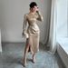 Voya Voya Autumn New Women's Gold Foil Round-neck Long-sleeve Dress With Slim Waist, Pleated Design, And Asymmetrical Slit Hem_ecoleips.com