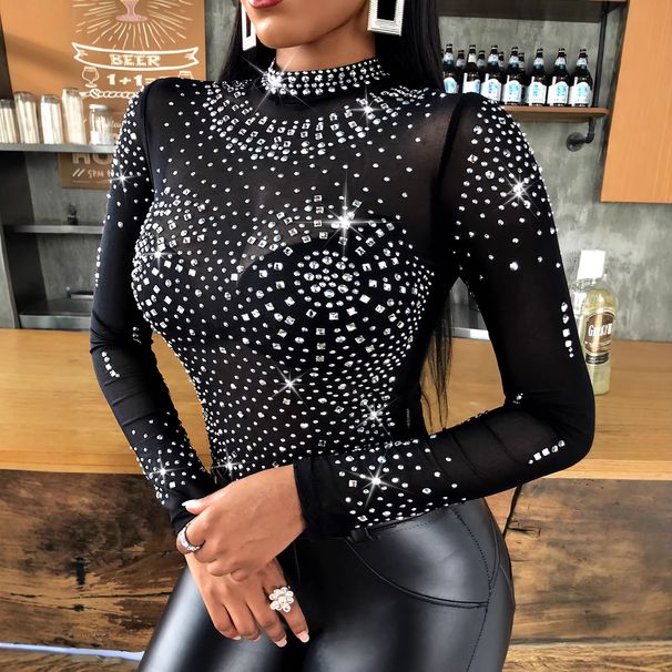 European And American Cross-border Women's Clothing Black Rhinestone Tops In Stock For Wholesale_ecoleips.com