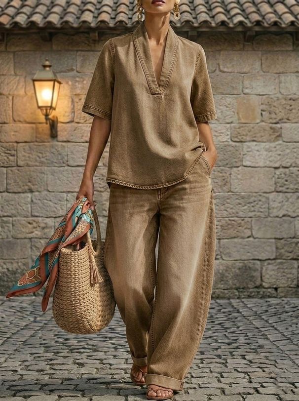 Women's Summer Loose Casual Two Piece Set Comfortable Minimalist Denim Solid Color_ecoleips.com