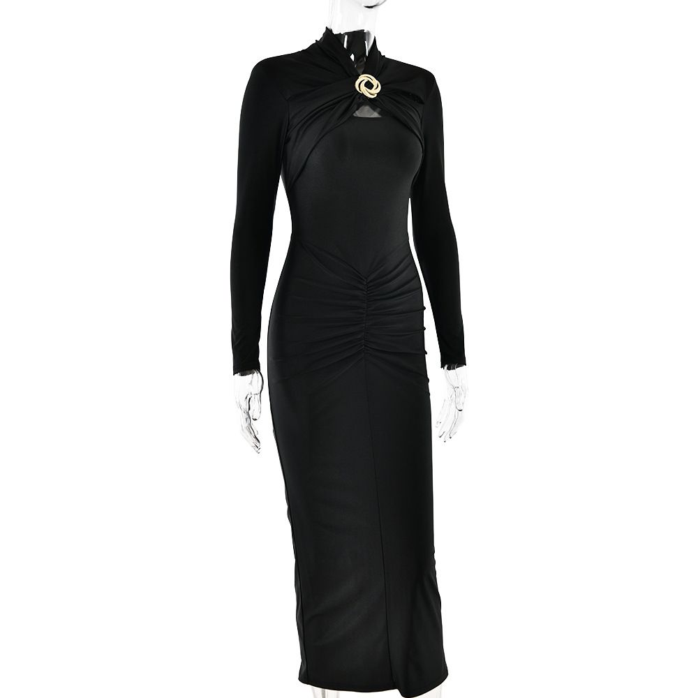 Verve Hot Selling 2025 New Women's Sexy Slim Fit Gathered Hollow Out Long Sleeve Dress_ecoleips.com