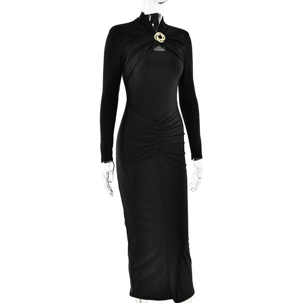 Verve Hot Selling 2025 New Women's Sexy Slim Fit Gathered Hollow Out Long Sleeve Dress_ecoleips.com
