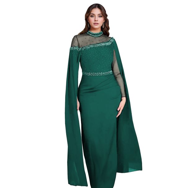 Women's Clothing Splicing Heavy Hot Diamond Beading Fashion Cape Sleeve Evening Dress_ecoleips.com