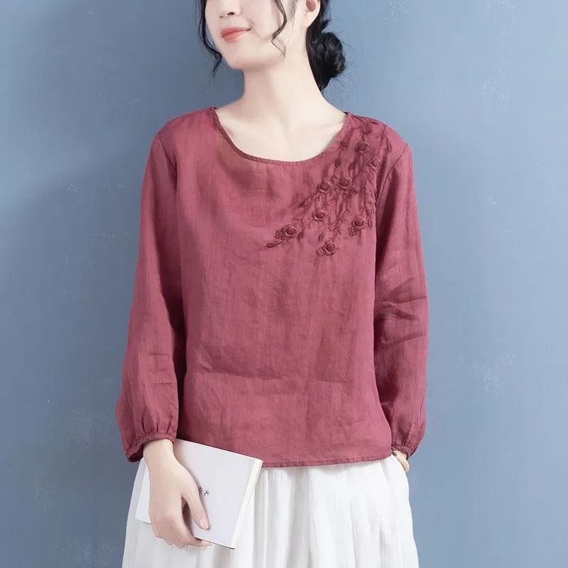 Embroidered Crew Neck Long-Sleeve T-Shirt For Women, Commuter Vintage Artistic Loose Solid Color Pullover Embroidered Ba_ecoleips.com