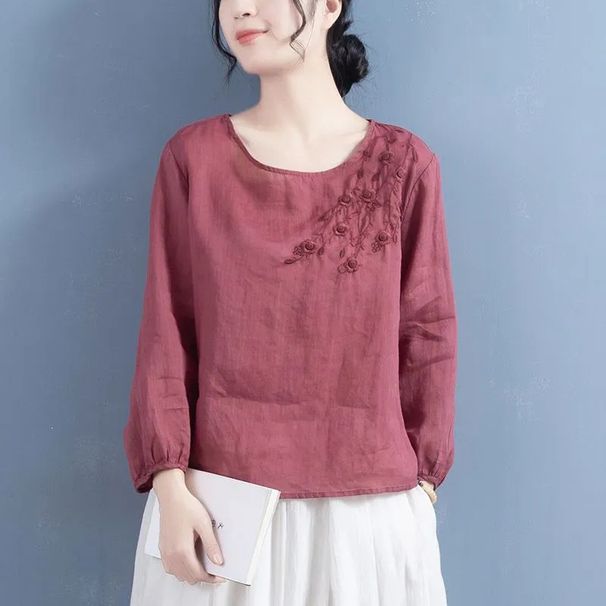 Embroidered Crew Neck Long-Sleeve T-Shirt For Women, Commuter Vintage Artistic Loose Solid Color Pullover Embroidered Ba_ecoleips.com