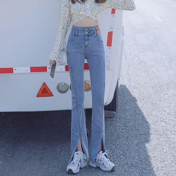 Women's Retro High-Waisted Stretch Slim Fit Flared Jeans Korean Style Straight Leg with Slit And Flowing Drape_ecoleips.com