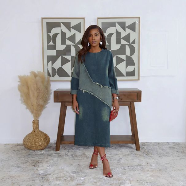 Women's Clothing Color Block Patchwork Denim Dress Loose Fit Mid-Length Frayed Edge Casual Summer Dress_ecoleips.com